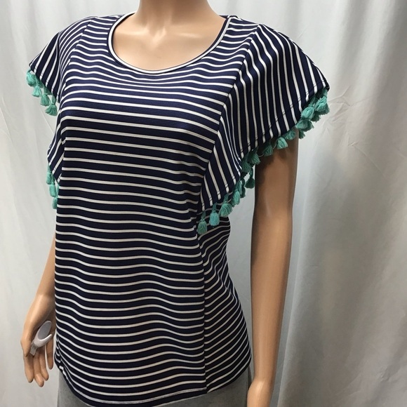 Twenty Second Boho Blue Striped Short Tassel Sleeve Top Size Medium - Picture 3 of 7
